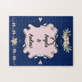 Roze met blauwe achtergrondbride en groom legpuzzel (Horizontaal)