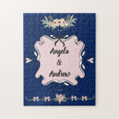 Roze met blauwe achtergrondbride en groom legpuzzel (Verticaal)