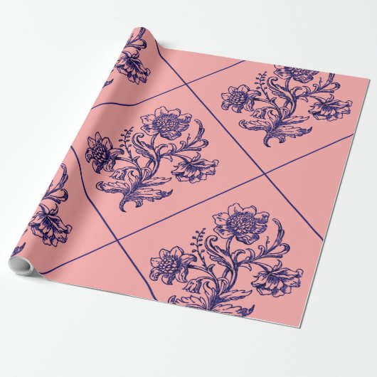 Roze met blauwe bloem cadeaupapier (Uitgerold)