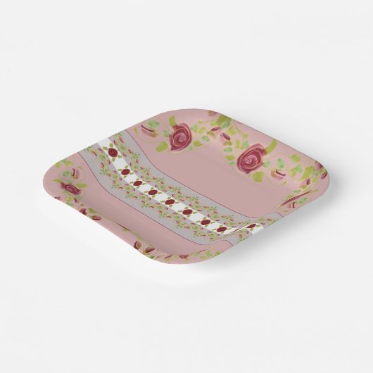 Roze met bloemmotief papieren bordje (Gebogen)