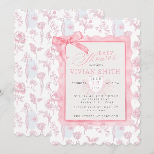 Roze met boog Chinoiserie Baby shower uitnodiging (Voorkant / Achterkant)