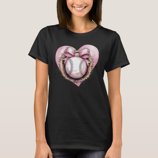 Roze met boog en hart – Schattigee softbal estheti T-shirt (Voorkant)