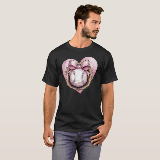 Roze met boog en hart – Schattigee softbal estheti T-shirt (Voorkant volledig)