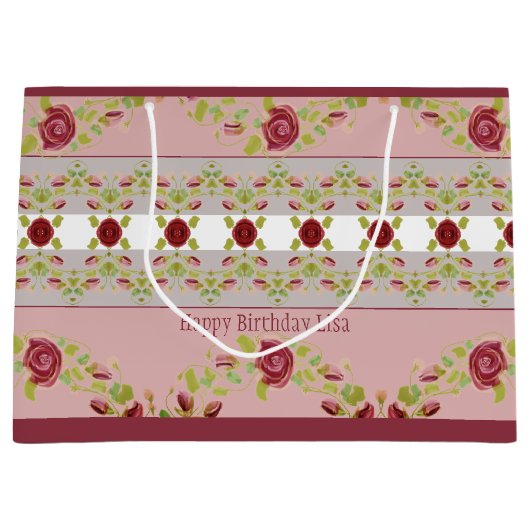 Roze met Bourgondische bloemen Groot Cadeauzakje (Voorkant)