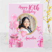 Roze met cadeaus en ballonnen rond foto kaart (Gele Bloem)