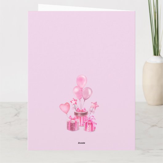 Roze met cadeaus en ballonnen rond foto kaart (Achterkant)