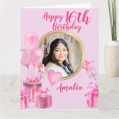 Roze met cadeaus en ballonnen rond foto kaart (Voorkant)