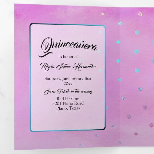 Roze met Confetti en aangepaste foto Quinceañera Drieluik Uitnodiging (Binnenzijde eerst)