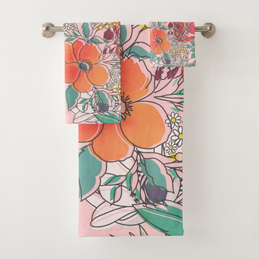 Roze, met de hand getekend, crème girale roze bad handdoek (Insitu)