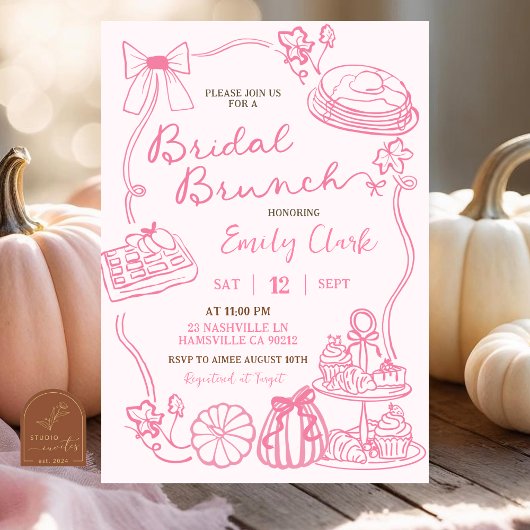 Roze met de hand getekende bruidsbrunchfeest kaart