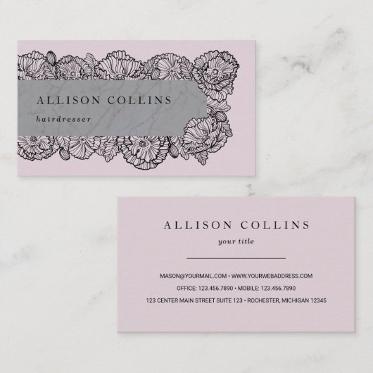 Roze, met de hand getekende eminine bloemen visitekaartje (Voorkant / Achterkant)