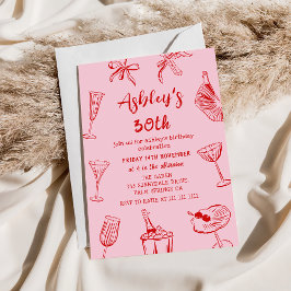 Roze met de hand getekende funky 30ste verjaardags kaart