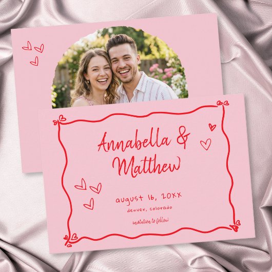 Roze met de hand getekende hart whimsical moderne  save the date