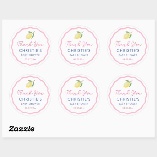 Roze Met de Hand Getekende Rand Lemon Baby Shower  Ronde Sticker (Vel)
