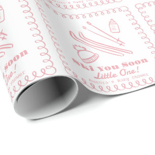 Roze met de hand getekende Ski You Soon Meisje Bab Cadeaupapier