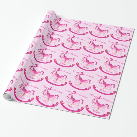 Roze, met de naam rocking horse 3rd verjaardagspat cadeaupapier (Uitgerold)