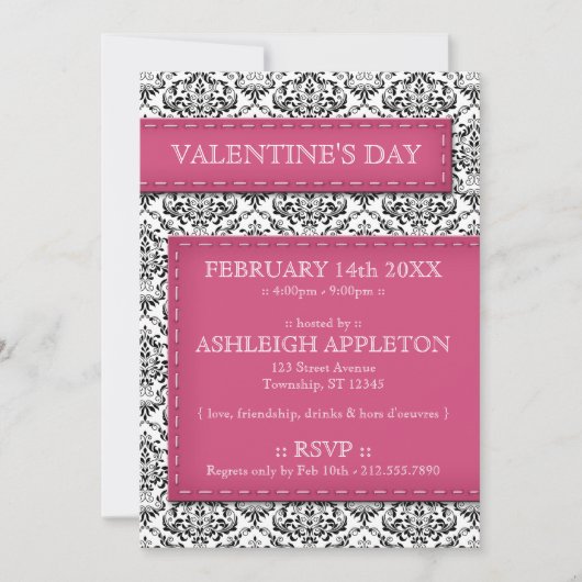 Roze met de titel Damask Valentijnsdag Invitations Kaart (Voorkant)