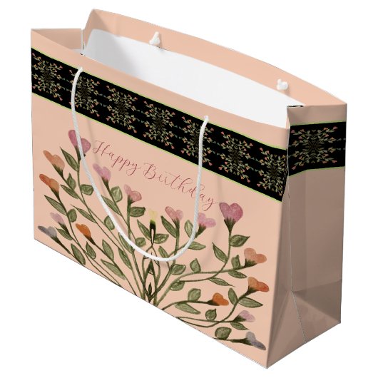 Roze met elegante bloemen groot cadeauzakje (Achterkant Gekanteld)