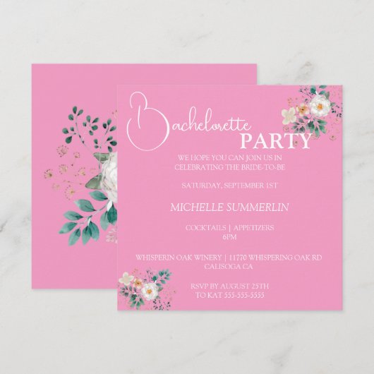 Roze met Flowers Bachelorette Party Invitation Kaart (Voorkant / Achterkant)