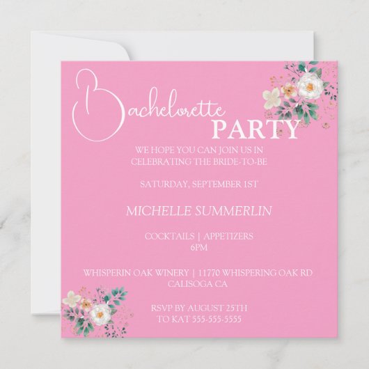 Roze met Flowers Bachelorette Party Invitation Kaart (Voorkant)