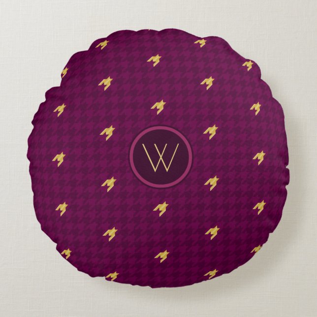 Roze met Gold Accent Houndstooth Round Pillow Rond Kussen (Voorkant)