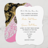 Roze met gouddamtbruiloft met witte kant kaart (Voorkant / Achterkant)