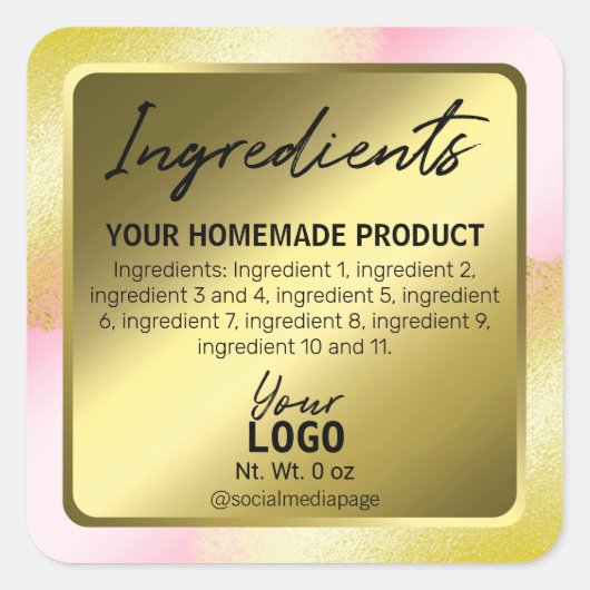 Roze met gouden inkt ingrediëntenlabels vierkante sticker (Voorkant)