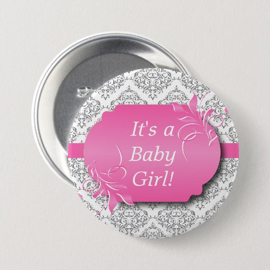 Roze met grijs Damaspatroon Ronde Button 7,6 Cm (Voorkant /achterkant)