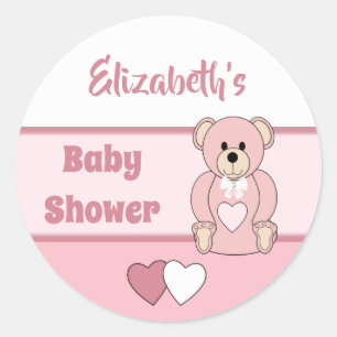 Roze met harten, teddybeer en naam ronde sticker
