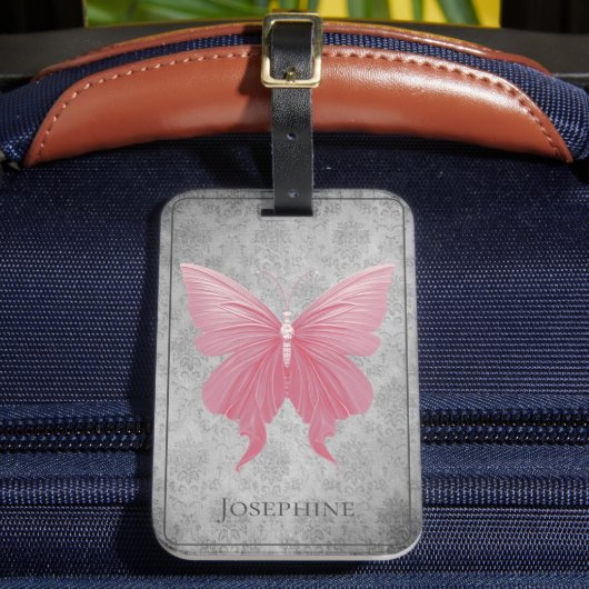 Roze met juwelen versierde vlinder bagagelabel (Voorkant Insitu 2)