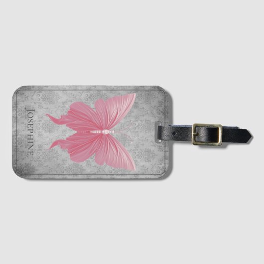 Roze met juwelen versierde vlinder bagagelabel (Voorkant (horizontaal))