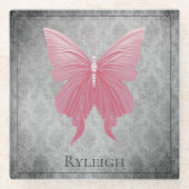 Roze met juwelen versierde vlinder glazen onderzetter (Voorkant)