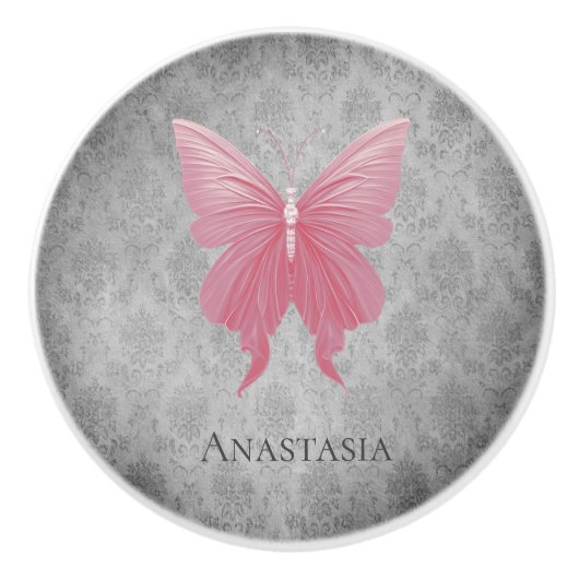 Roze met juwelen versierde vlinder keramische knop (Voorkant)