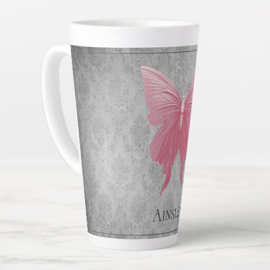 Roze met juwelen versierde vlinder latte mok (Linkerhoek)