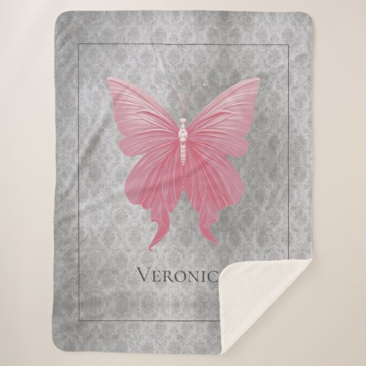 Roze met juwelen versierde vlinder sherpa deken (Voorkant)