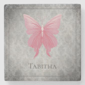 Roze met juwelen versierde vlinder stenen onderzetter (Voorkant)