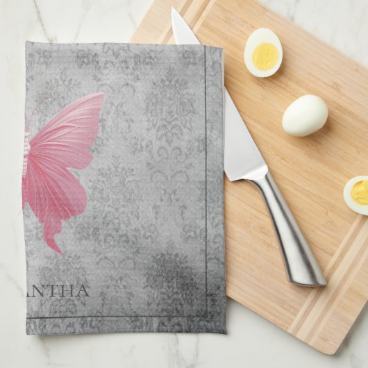 Roze met juwelen versierde vlinder theedoek (Quarter Fold)