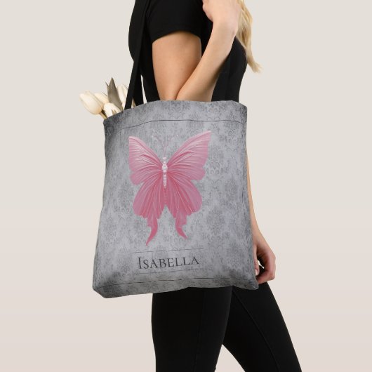 Roze met juwelen versierde vlinder tote bag (Dichtbij)