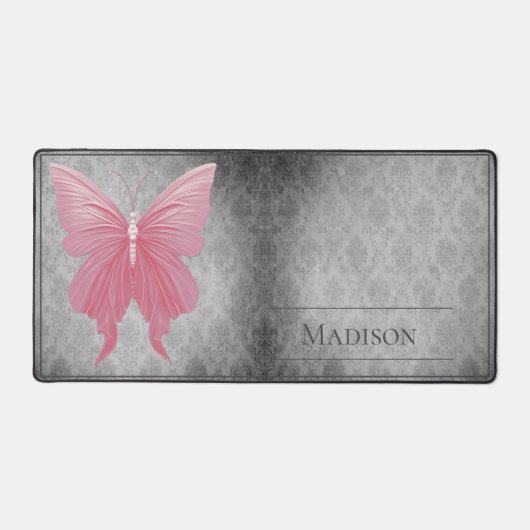 Roze met juwelen versierde vlinderdamast bureaumat (Voorkant)