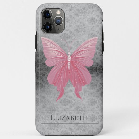 Roze met juwelen versierde vlinderdamast Case-Mate iPhone case (Achterkant)