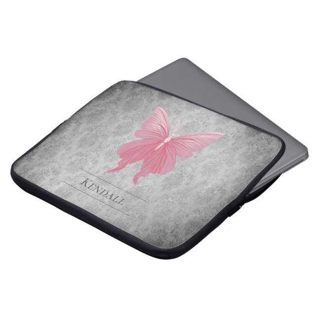 Roze met juwelen versierde vlinderdamast laptop sleeve (Voorkant top)