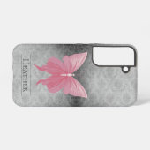 Roze met juwelen versierde vlinderdamast samsung galaxy hoesje (Achterkant horizontaal)