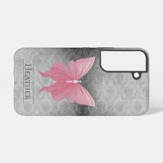 Roze met juwelen versierde vlinderdamast samsung galaxy hoesje (Achterkant horizontaal)