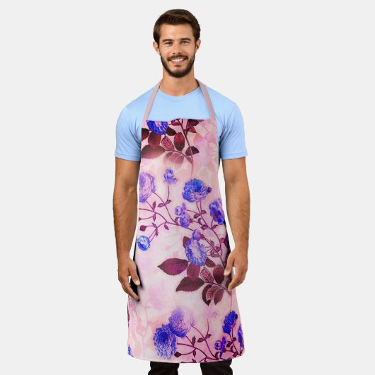 roze met Paarse Floral Print Schort (Gedragen)