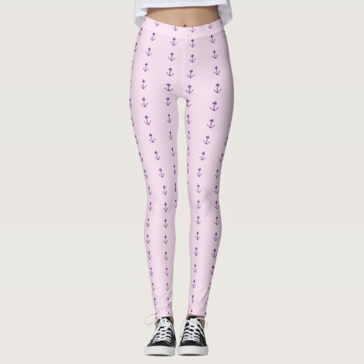 Roze met Paarse Nautische ankers Leggings (Voorkant)