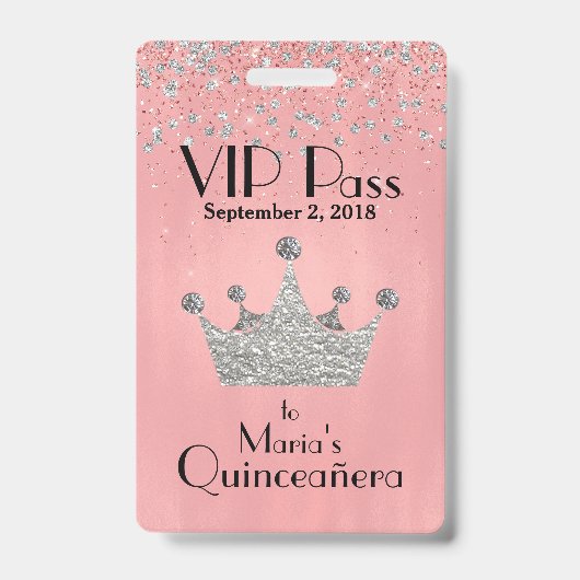 Roze met Silver Crown Quinceañera VIP Badge (Voorkant)