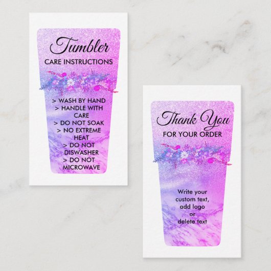 Roze, met vinyl bedrukte Mok Tumbler Care-instruct Visitekaartje (Voorkant / Achterkant)
