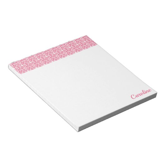 Roze met wit haakpatroon notitieblok (Schuin)