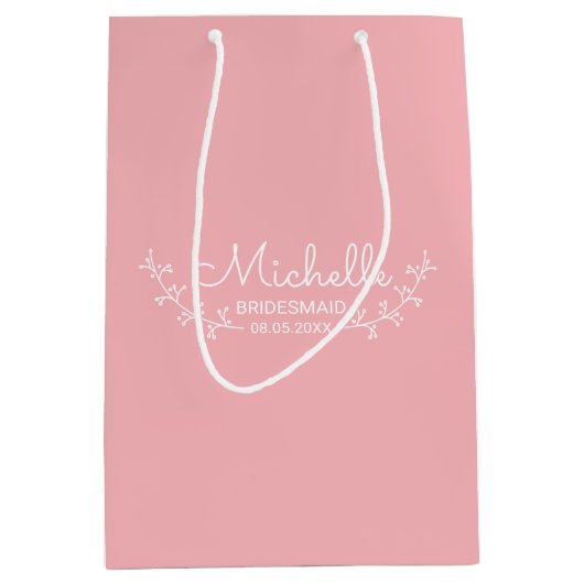 Roze met witte Laurels Gepersonaliseerde Bridesmai Medium Cadeauzakje (Voorkant)