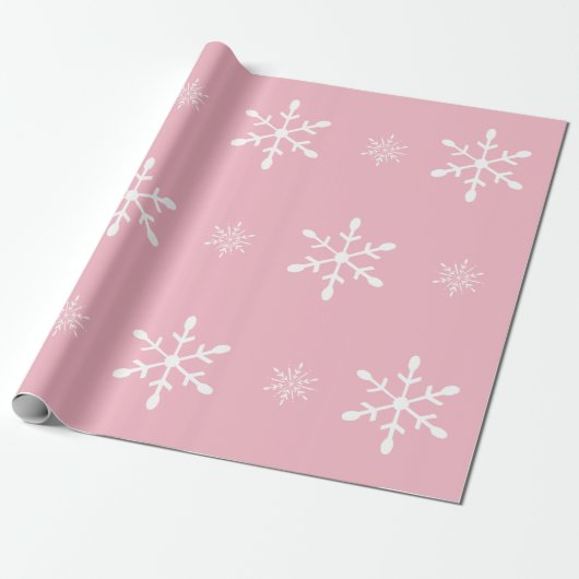 Roze met witte sneeuwvlokken | Kerstmis Cadeaupapier (Uitgerold)